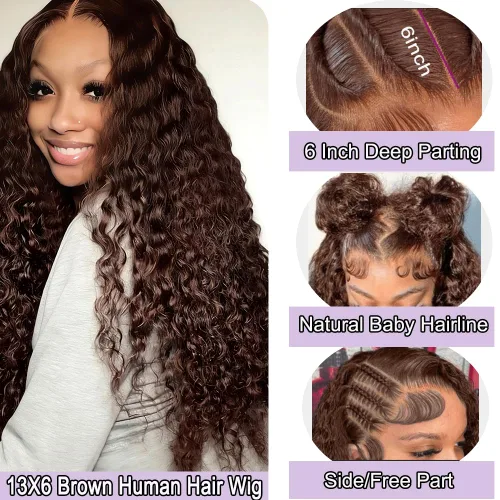 Miniatura 2 de Pelucas de cabello humano ondulado con encaje frontal transparente HD de 13 x 6 pulgadas, densidad 200, pelucas de ondas profundas para mujer