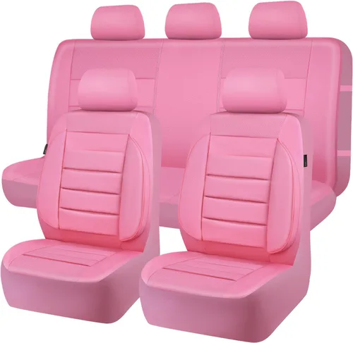 CAR PASS Fundas de Asiento de Cuero Rosa Juego Completo Universal Resistente al Agua Soporte de Respaldo de Espuma 3D, Comodidad de Lujo Automotriz