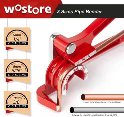 Miniatura 2 de Wostore Dobladora de tubos de 180 grados, 3 en 1 para 1/4" 5/16" 3/8" OD, Dobladora de tubos de acero mecanizado 0-180° con agarre antideslizante