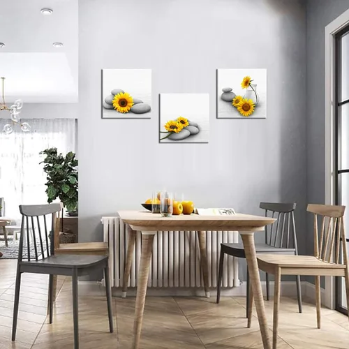 Miniatura 5 de Biuteawal Lienzo de girasol para pared, 3 piezas, pintura amarilla y gris, relajante con piedra zen, ilustraciones impresas para spa, baño, sala