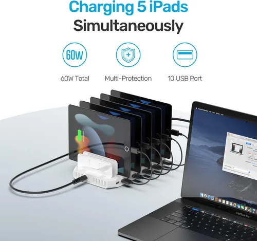 Miniatura 8 de Unitek Estación de carga múltiple, cargador USB de 10 puertos para múltiples dispositivos con tecnología SmartIC y divisores ajustables, soporte