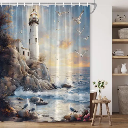Miniatura 2 de Cortina de ducha con diseño de faro náutico, paisaje retro, costa, roca, gaviota, tropical, hawaiano, escena de poliéster, decoración de baño, 36 x