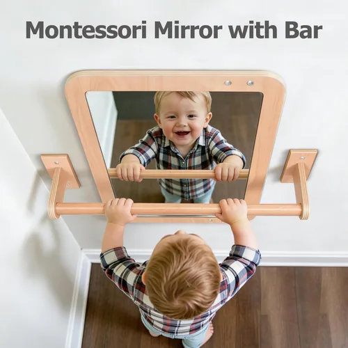 Miniatura 6 de Montessori Baby Espejo de seguridad inastillable 2 en 1 con barra de dominadas, montaje en pared infantil y juego en el suelo para el tiempo boca