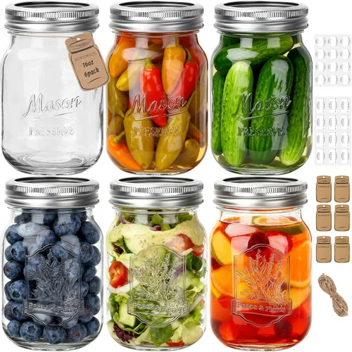 Eathtek Tarros de vidrio de 16 onzas con tapas regulares, paquete de 6 tarros de 16.9 fl oz con etiquetas, etiquetas y cordeles para mermelada,