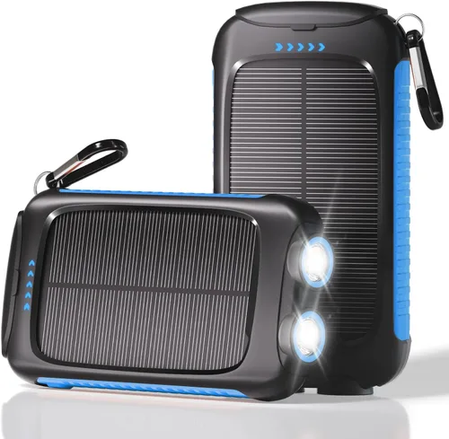 Miniatura 11 de Banco de energía solar de 20000 mAh, cargador portátil negro con salidas USB-C y USB-A, batería de reserva de emergencia, linterna LED, para iPhone