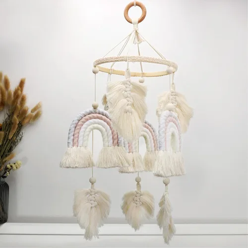 Boho Baby Macramé Rainbow Boho Mobile - Regalo de ducha para recién nacido Arco iris+pluma