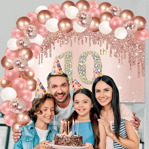 Miniatura 6 de Cartel de feliz cumpleaños número 10 con arco de guirnalda de globos de confeti, juego de globos de oro rosa para niñas, póster rosa de cumpleaños