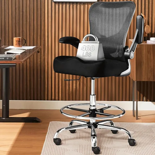 Silla de dibujo de 400 libras, silla de oficina alta con soporte lumbar ajustable y anillo reposapiés, cómodo cojín grueso en forma de W extra