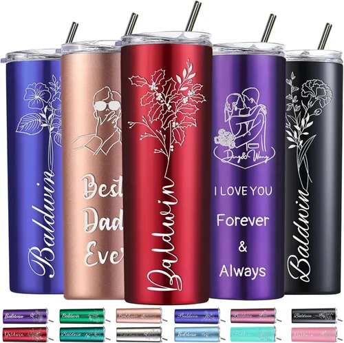 Miniatura 16 de Regalos personalizados para mujer, vaso personalizado grabado con flor de nacimiento de 20 onzas, vaso delgado con nombre personalizado con tapas