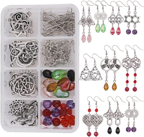 Miniatura 8 de SUNNYCLUE 1 caja de 8 pares de aretes de nudo celta de plata antigua, aretes colgantes de perlas, kit de inicio de fabricación de joyas