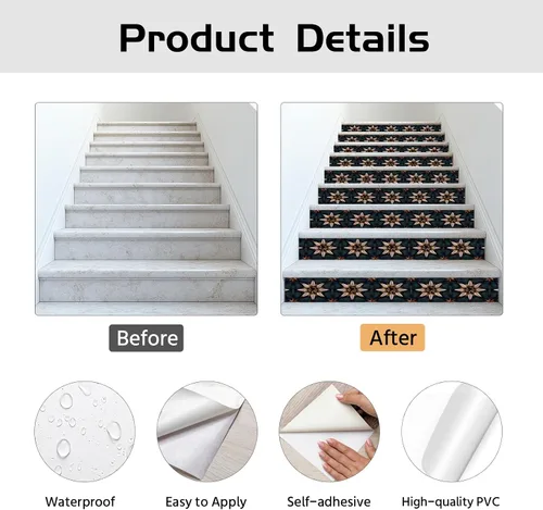 Miniatura 5 de PLIGREAT - 15 tiras de adhesivos vintage para escaleras, calcomanías de estrella boho para peldaños, autoadhesivas, vinilo retro, murales