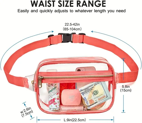Miniatura 18 de Clearworld Riñonera transparente para mujeres y hombres, paquete de cintura aprobado por estadio con correa ajustable, bolsa de cinturón de moda