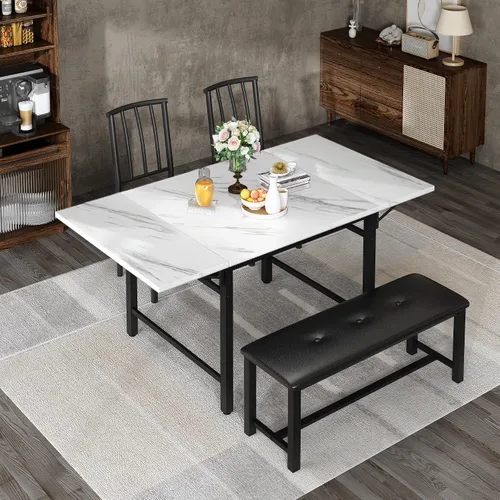 Miniatura 8 de AWQM Mesa de comedor de 4 piezas de mármol sintético con estante de almacenamiento, juego de mesa de rincón de desayuno que ahorra espacio con 2