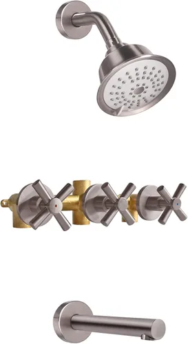 Juego de grifo de ducha de 3 asas, juego de grifo de bañera con boquilla de bañera, kit de molduras de bañera y ducha con válvula, montaje en pared,