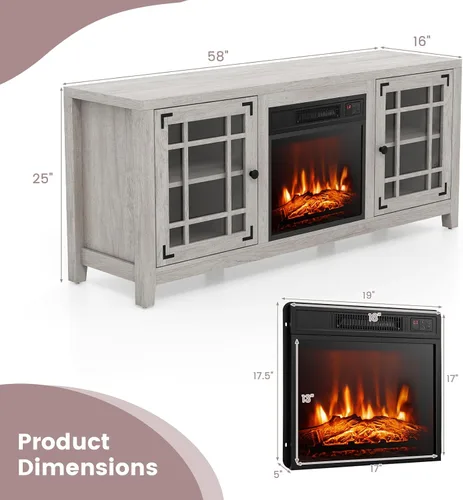 Miniatura 7 de Tangkula - Soporte para TV con chimenea para televisor de 65 pulgadas, consola de TV de 58 pulgadas con chimenea eléctrica de 1400W, estantes Natural