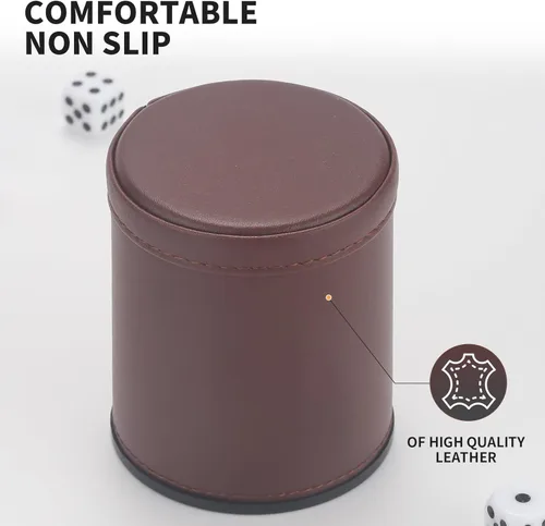 Miniatura 4 de Paquete de 5 vasos de dados de piel sintética con forro de fieltro de terciopelo con 25 dados de puntos para juegos de dados Yahtzee Farkle, marrón