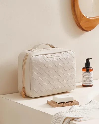 Miniatura 7 de EACHY Bolsa de Aseo Colgante de Viaje, Organizador de Maquillaje de Cuero PU con 4 Compartimentos Impermeable Tamaño Completo Artículos Esenciales