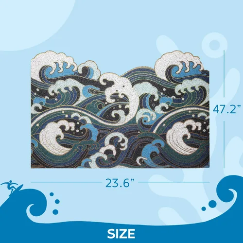 Miniatura 2 de Tapete de puerta de entrada de onda azul, tapete de estilo japonés Ukiyo-e, tapete antideslizante de PVC para puerta, tapete para el hogar, tapete