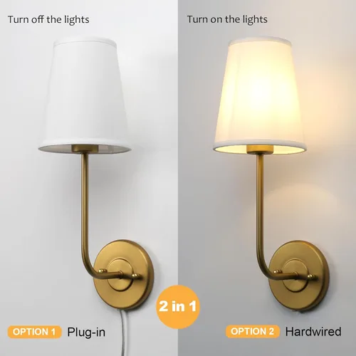 Miniatura 6 de Pathson Set of 2 Plug in Wall Sconces, Rustic Wall Lighting Fixtures with On/Off Switch and Pure White Fabric Lampshade, Antique Brass Wall Lamps