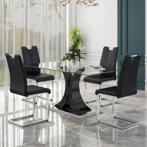 Miniatura 9 de Juego de comedor moderno de vidrio de lujo de 5 piezas, juego de cena rectangular minimalista grande para 4, juego de mesa de cocina de vidrio