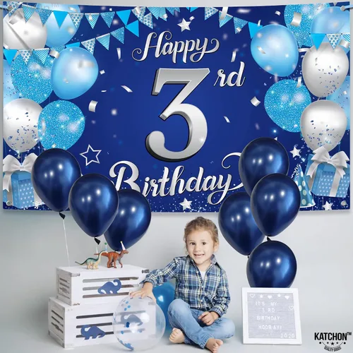 Miniatura 3 de KatchOn, Cartel de tercer cumpleaños azul y plateado – Xtralarge, 72 x 44 pulgadas Decoraciones azules de tercer cumpleaños para niños y niñas