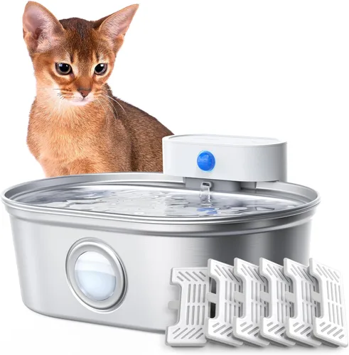 uahpet Fuente de agua inalámbrica para gatos de acero inoxidable Pro, fuente de agua para mascotas con bomba externa operada por batería,