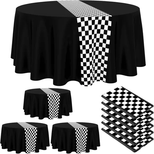 Miniatura 9 de Oudain 3 piezas de suministros para fiesta de cumpleaños de autos, decoraciones para fiestas de carreras, mantel redondo de carreras con bandera a