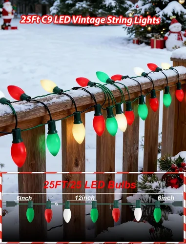 Miniatura 2 de Luces LED de Navidad rojas, verdes y blancas, 25 pies, impermeables, C9, multicolor, luces de Navidad al aire libre con 26 bombillas inastillables