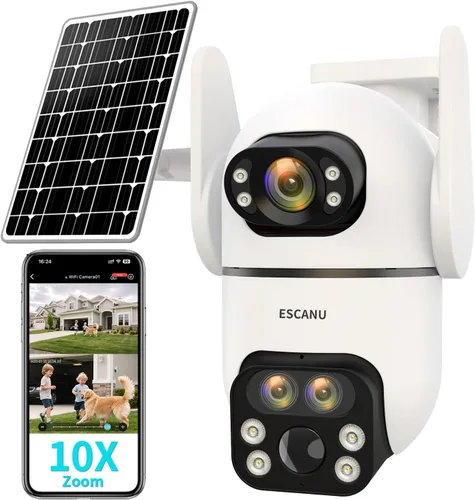 ESCANU Cámara de seguridad inalámbrica de tres lentes para exteriores, cámaras de visión 2K de 360° para seguridad del hogar, cámara solar