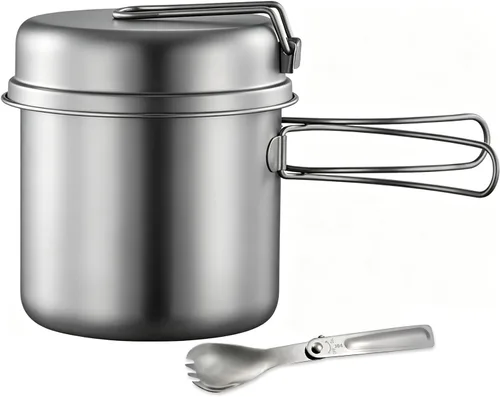 BY-J Utensilios de cocina de titanio para camping, 37.2 fl oz y 11.8 fl oz, olla de titanio con tapa y espátula de acero inoxidable, olla de camping