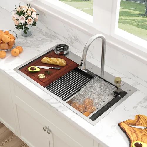 Miniatura 19 de Sarlai 15 Fregadero de Barra de 15x15 Pulgadas para Cocina, Fregadero de Barra de Acero Inoxidable de Calibre 16, Estación de Trabajo con Repisa