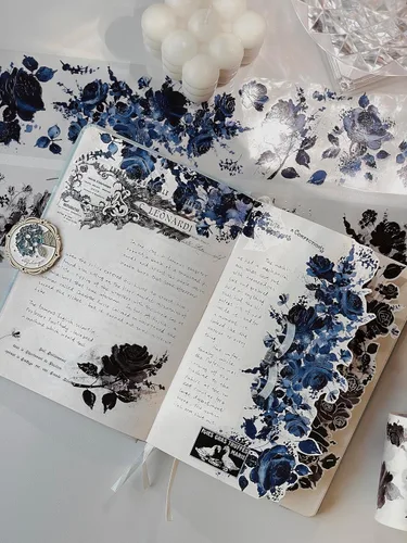 Miniatura 7 de WT Cinta ancha de PET azul cobalto, rollo individual, diseños originales, decoraciones florales, adhesivo transparente claro, diario basura