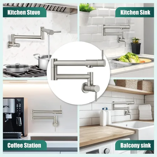 Miniatura 4 de Heyalan Pot Filler - Llenador de ollas de 19 pulgadas para montaje en pared, plegable, extensible, grifo de cocina/restaurante de acero inoxidable