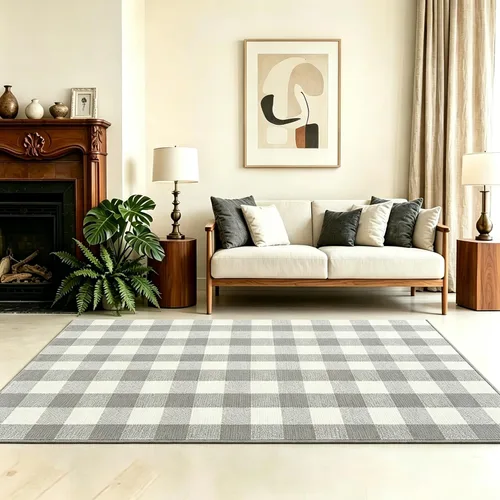 Miniatura 3 de SEEKSEE - Alfombra de algodón a cuadros de búfalo 4 x 6 pies, gris y blanco, alfombras lavables para puertas, alfombras de interior y exterior