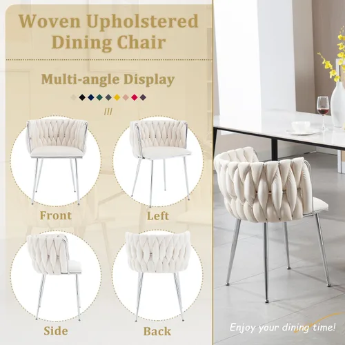 Miniatura 6 de Juego de 2 sillas de comedor de terciopelo, sillas de comedor tapizadas tejidas, sillones de ocio de lujo, sillas decorativas modernas con patas