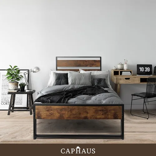 Miniatura 6 de CAPHAUS Base de cama de metal con cabecera y estribo de madera, plataforma de metal con marco de acero de primera calidad, base de colchón, sin