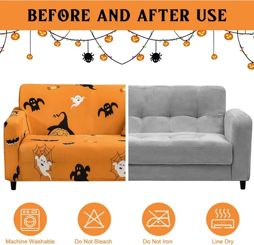 Miniatura 4 de Mybedsoul Funda de sofá con estampado de Halloween, funda elástica de fantasma, lavable a máquina, temática de Halloween, funda negra para sofá