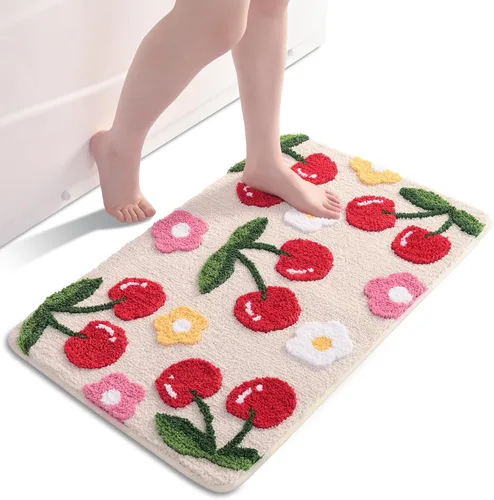 Anybar Alfombras de Baño Beige Tapete de Baño de Cerezas Lindas Accesorios de Baño Coloridos, Alfombra de Flores Divertida Tapete de Piso