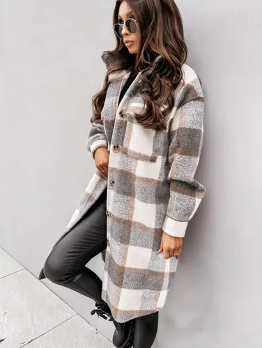 Miniatura 4 de Yousify Chaqueta larga con solapa a cuadros para mujer cepillada con botones y bolsillos