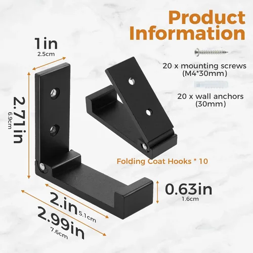 Miniatura 7 de Paquete de 10 ganchos plegables de pared, ganchos plegables de aleación de aluminio para colgar mochila, abrigo, toalla, sombrero, auriculares, Negro