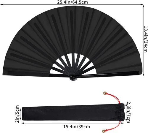 Miniatura 2 de Paquete de 2 ventiladores plegables grandes de mano, abanicos plegables de mano chinos de tela de nailon de Tai Chi, ventilador de Kung Fu chino