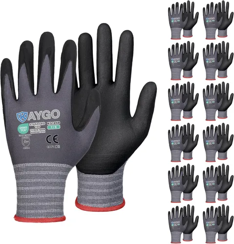 Miniatura 29 de KAYGO Guantes de Trabajo de Seguridad con Revestimiento de Nitrilo MicroFoam, 3 Pares KG18NB, Guante de Punto Sin Costuras de Nylon con Dedos Gris