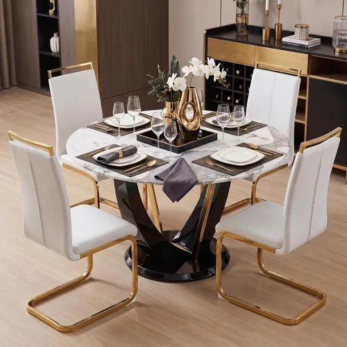 Miniatura 12 de Juego de mesa de comedor redonda de 48'' para 4, juego de mesa y sillas de cocina de mármol, conjunto de 4, mesa redonda con pata de MDF negro