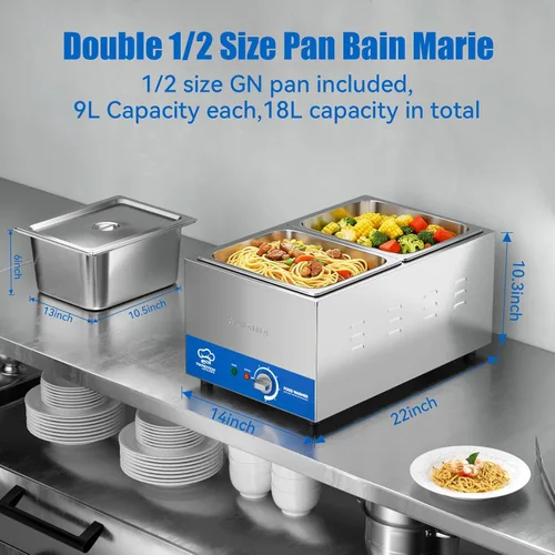 Miniatura 2 de TOPKITCH Calentador de alimentos comercial de 2 bandejas con tanque de agua sin fugas de formación elástica y 2 bandejas de tamaño 1/2 GN, mesa