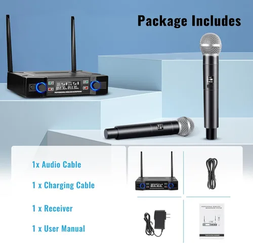 Miniatura 5 de Sistema de micrófono inalámbrico profesional, 18 dBm, SNR ≥110 dB, alcance de 164 pies, micrófonos dinámicos de mano inalámbricos para cantar