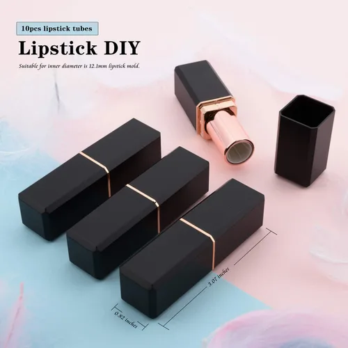 Miniatura 2 de Allwon 10 tubos de lápiz labial vacíos negros DIY contenedor de bálsamo labial (tubo cuadrado), Negro -, Tubo cuadrado