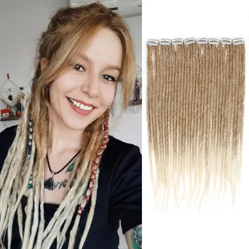 Miniatura 8 de Extensiones de cabello con clip de 16 pulgadas, extensiones de rastas sintéticas de color negro a bolnde de 16 pulgadas, 8 piezas de 32 hebras