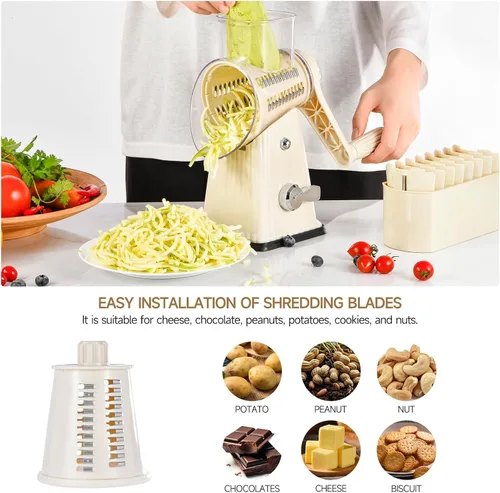 Miniatura 4 de Xilrvna - Rallador rotativo de queso, triturador de verduras, 5 en 1, rallador de queso con mango reforzado, succión, fácil limpieza, cocina, picar