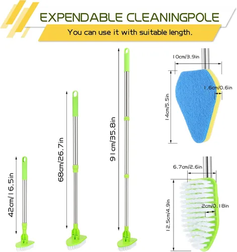 Miniatura 2 de Cepillo de limpieza con mango largo, 2 en 1, extensible, para baño, con 2 cerdas rígidas y 4 esponjas con mango largo, limpiador ligero desmontable