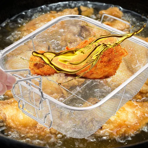 Miniatura 9 de Hemoton - Cesta cuadrada de acero inoxidable con asa de 15.27 x 9.44 x 4.33 pulgadas para papas fritas, drenaje de aceite, freidora de cocina, olla